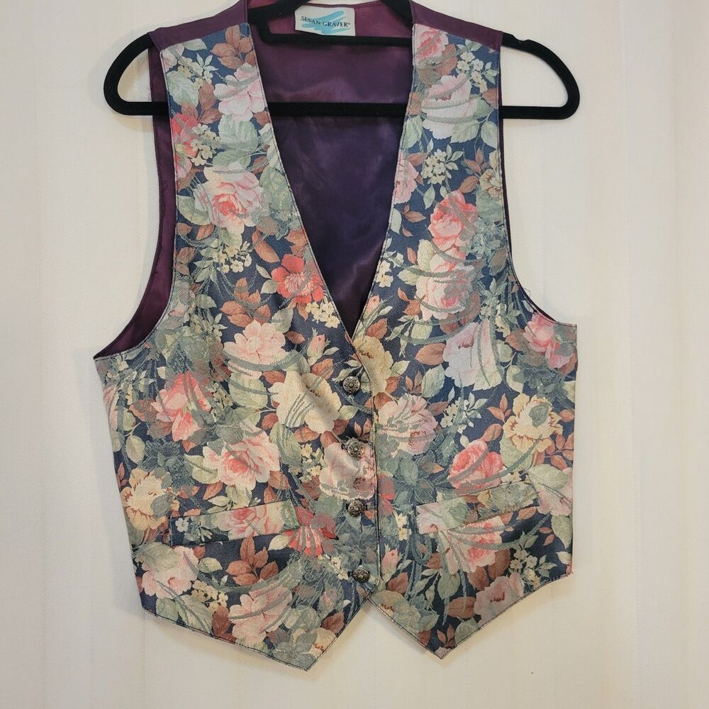 Susan Graver Vintage Floral Vest Women’s Medium Multicolor Button Front Pockets